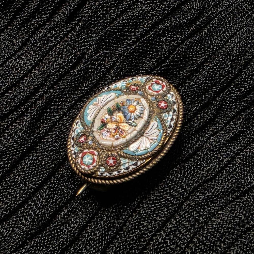 Vintage Micro Mosaic Brooch Floral Oval Flower Pin Signed FAP